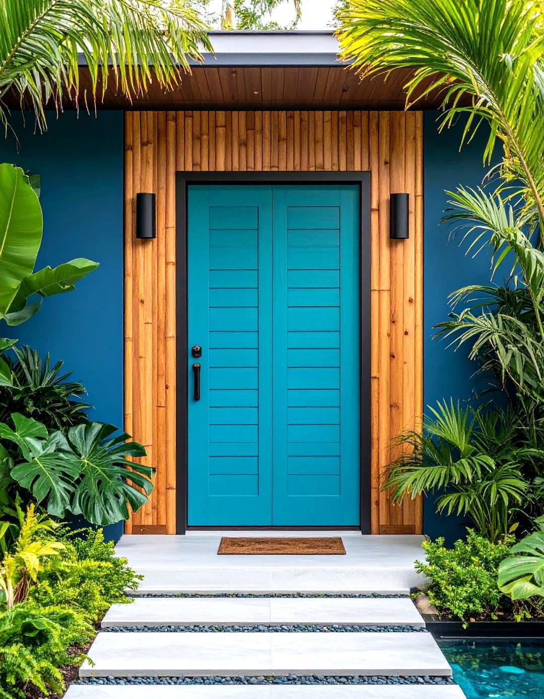 Turquoise Door with Tropical Landscaping - 24 Turquoise Front Door Ideas