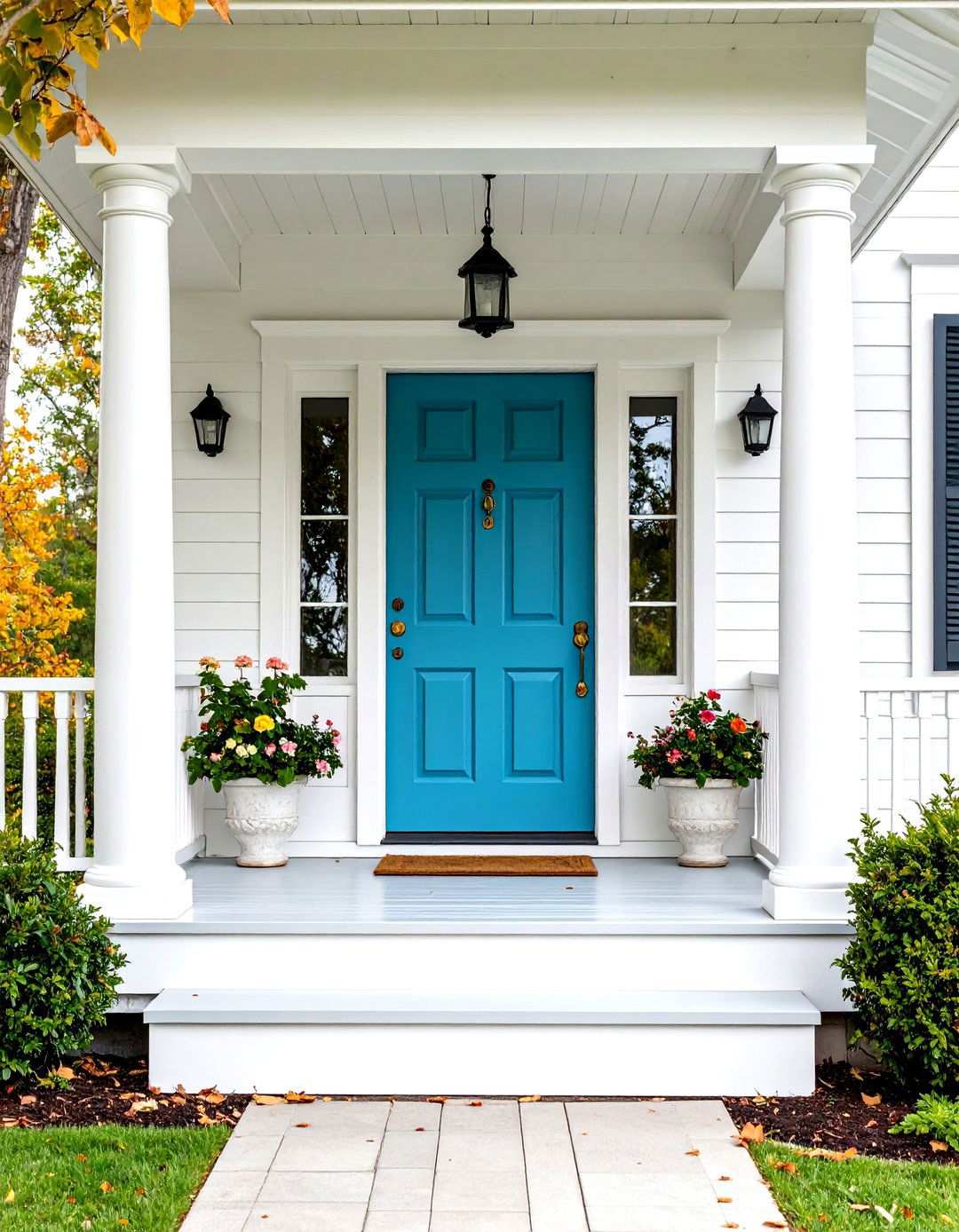 Turquoise Door with White Columns and Porch - 24 Turquoise Front Door Ideas