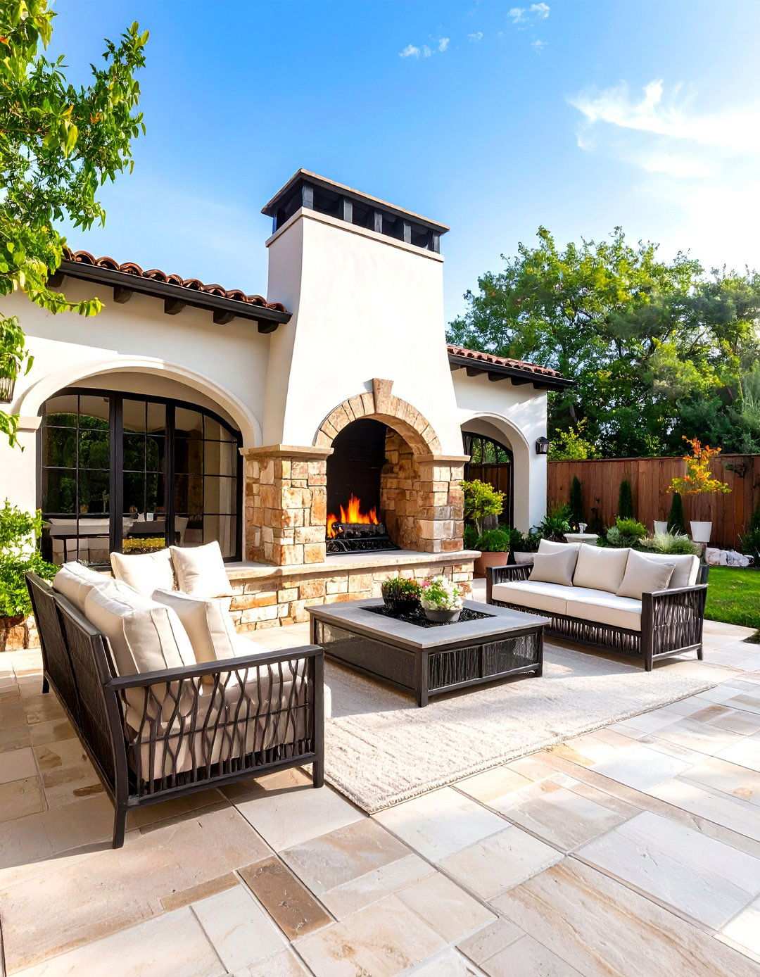Tuscan Inspired Outdoor Fireplace with Arched Details - 24 Rustic Outdoor Fireplace Ideas