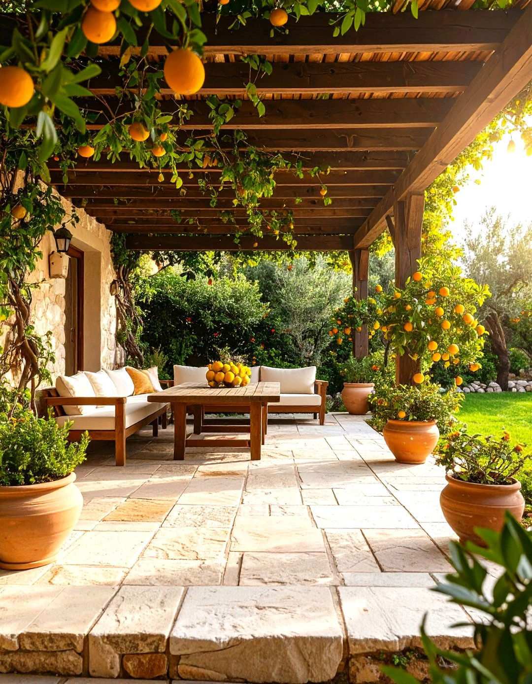 Tuscan Stone Patio with Pergola - 24 Mediterranean Patio Ideas