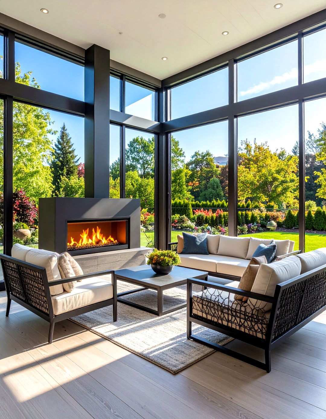 Two Sided Fireplace Design - 24 Sunroom With Fireplace Ideas