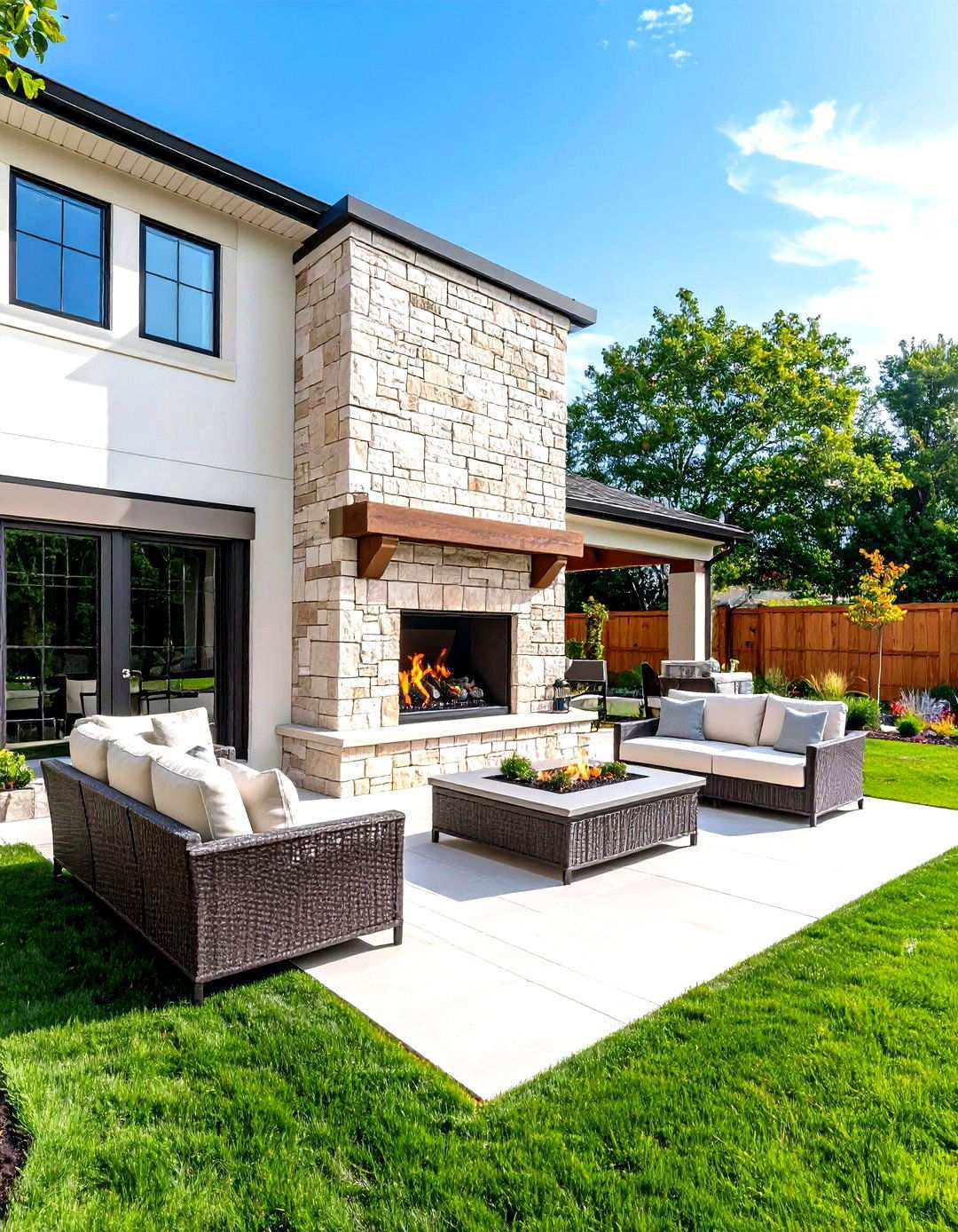 Two Sided Outdoor Fireplace for Multiple Gathering Areas - 24 Rustic Outdoor Fireplace Ideas
