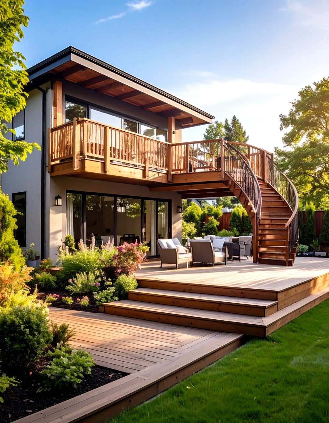 Two Story Deck with Spiral Staircase - 24 Large Deck Ideas