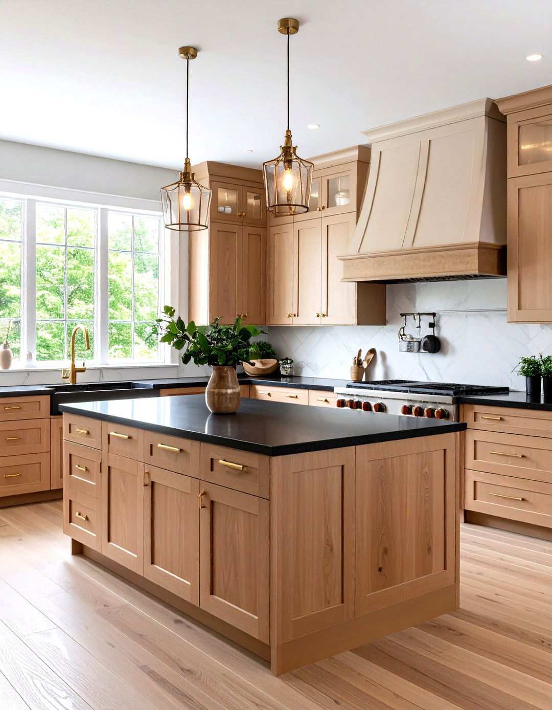 Two Tone Cabinet Design with Brown and Cream - 24 kitchen with brown cabinets and black countertops ideas