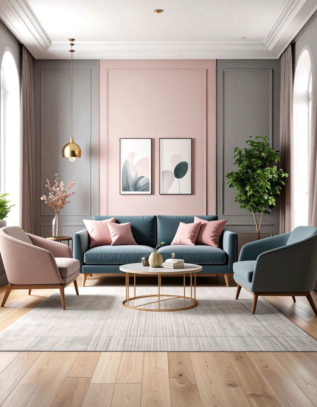 Two Tone Wall Treatment Design - 24 Pink and Grey Living Room Ideas