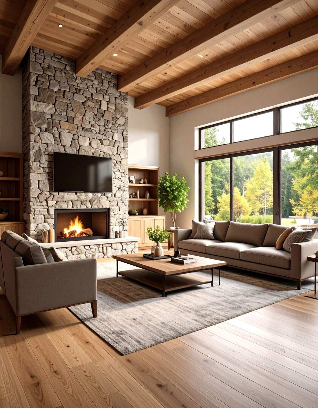 Vaulted Ceiling Great Room with Stone Fireplace - 24 Vaulted Ceiling Ideas