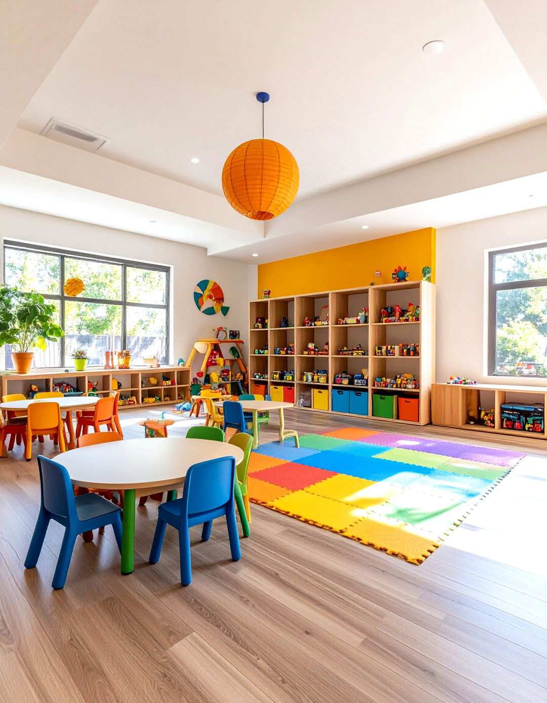 Vaulted Ceiling Playroom with Colorful Accents - 24 Vaulted Ceiling Ideas
