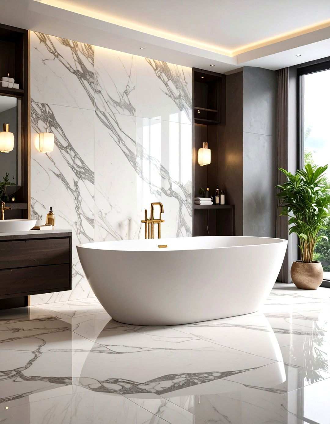 Veined Marble Statement Bathtub Surround - 24 Marble Bathroom Ideas