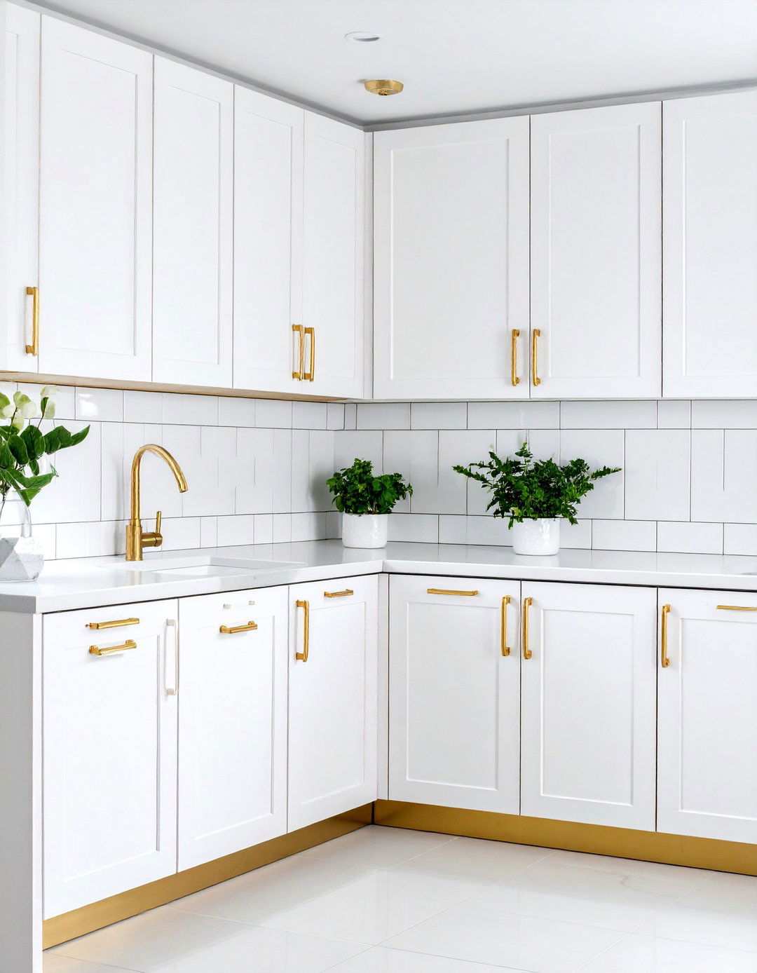 Vertical Stack White Subway with Gold Metal Divider Strips - 24 White and Gold Kitchen Backsplash Ideas
