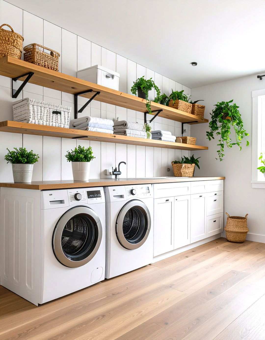 Vertical White Shiplap with Floating Shelves - 24 Shiplap Laundry Room Ideas