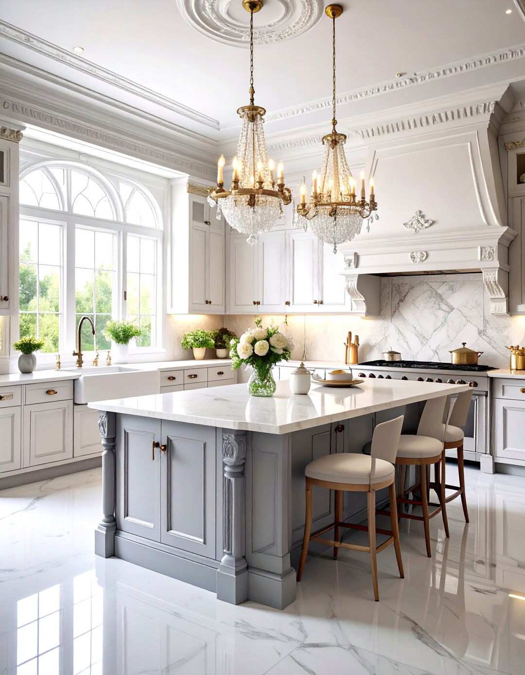 Victorian Elegance White Cabinets With Smoke Grey Island - 24 White Kitchen Cabinets With Grey Island Ideas