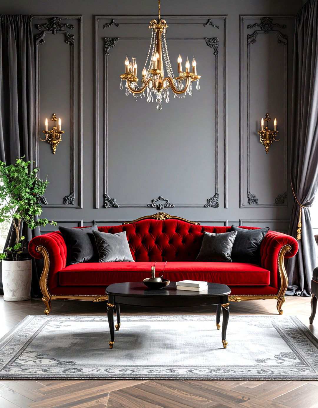 Victorian Gothic Red Velvet and Pewter Design - 24 Red and Grey Living Room Ideas