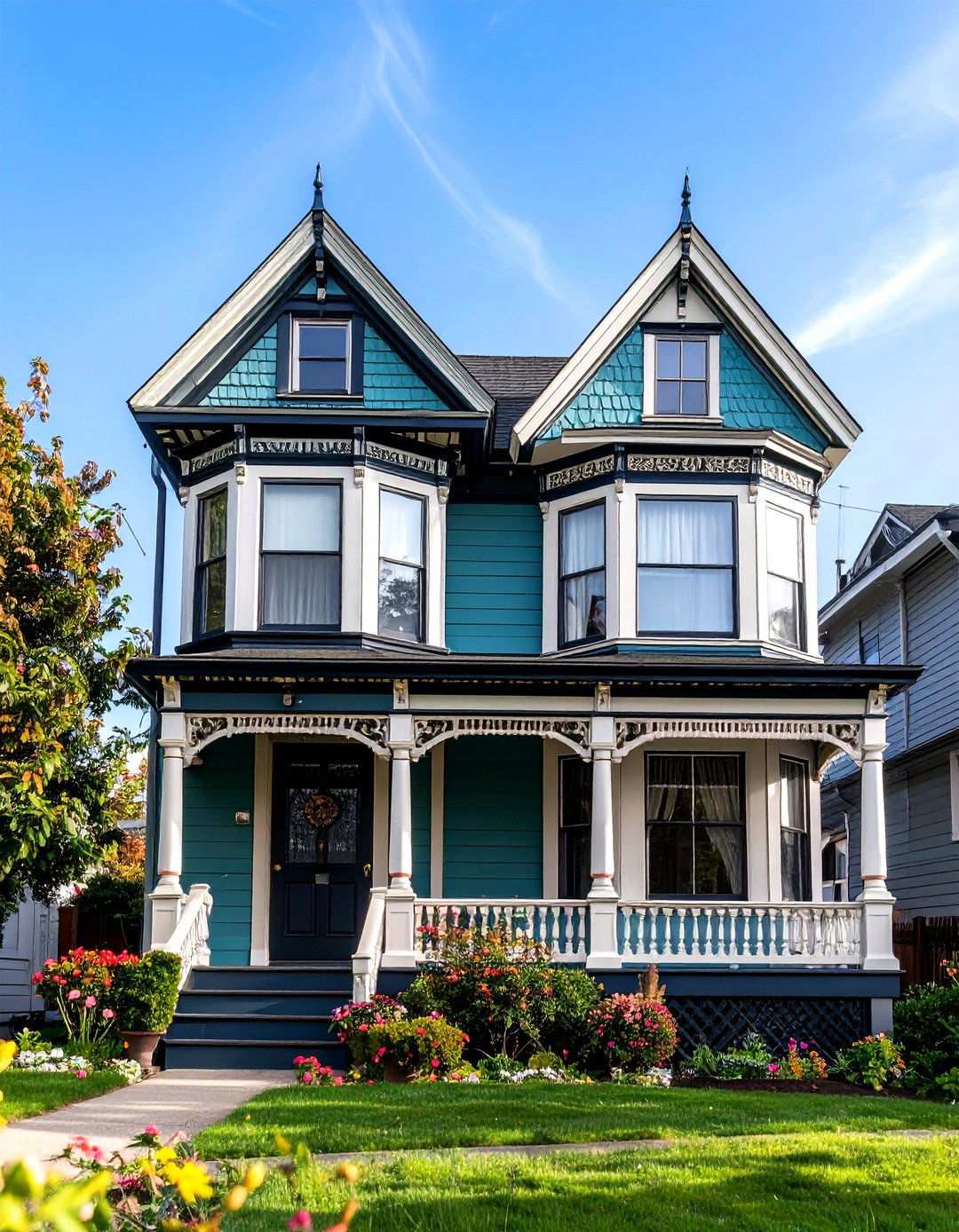 Victorian Sage Green House With Black Architectural Trim - 24 Sage Green House With Black Trim Ideas