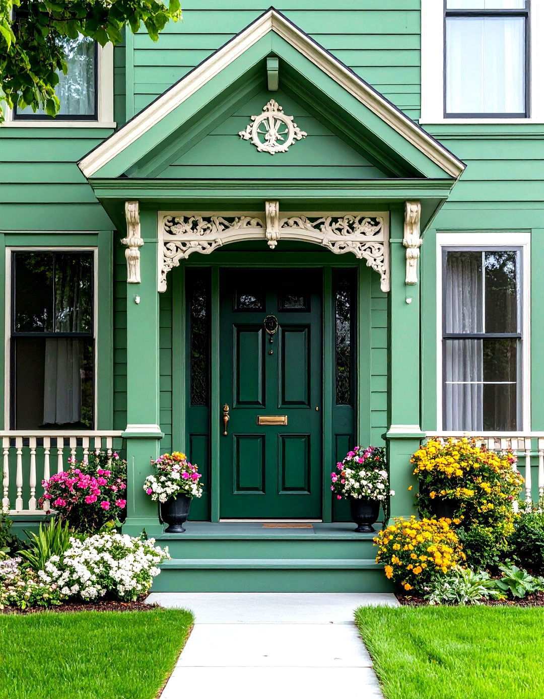 Victorian Sage Green House with Ornate Black Door - 24 Sage Green House With Black Door