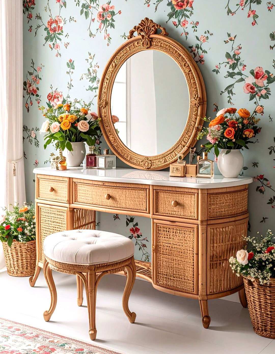 Vintage Eclectic Rattan Vanity Set - 24 rattan bedroom furniture ideas