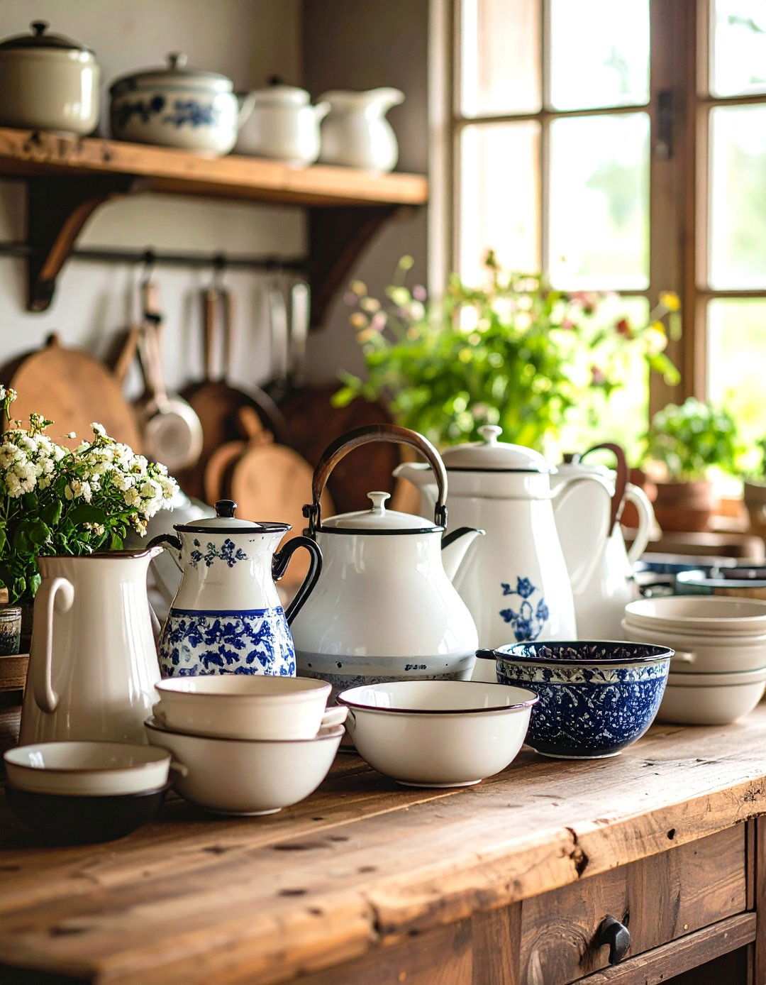 Vintage Enamelware Collection Displays - 24 Primitive Kitchen Ideas
