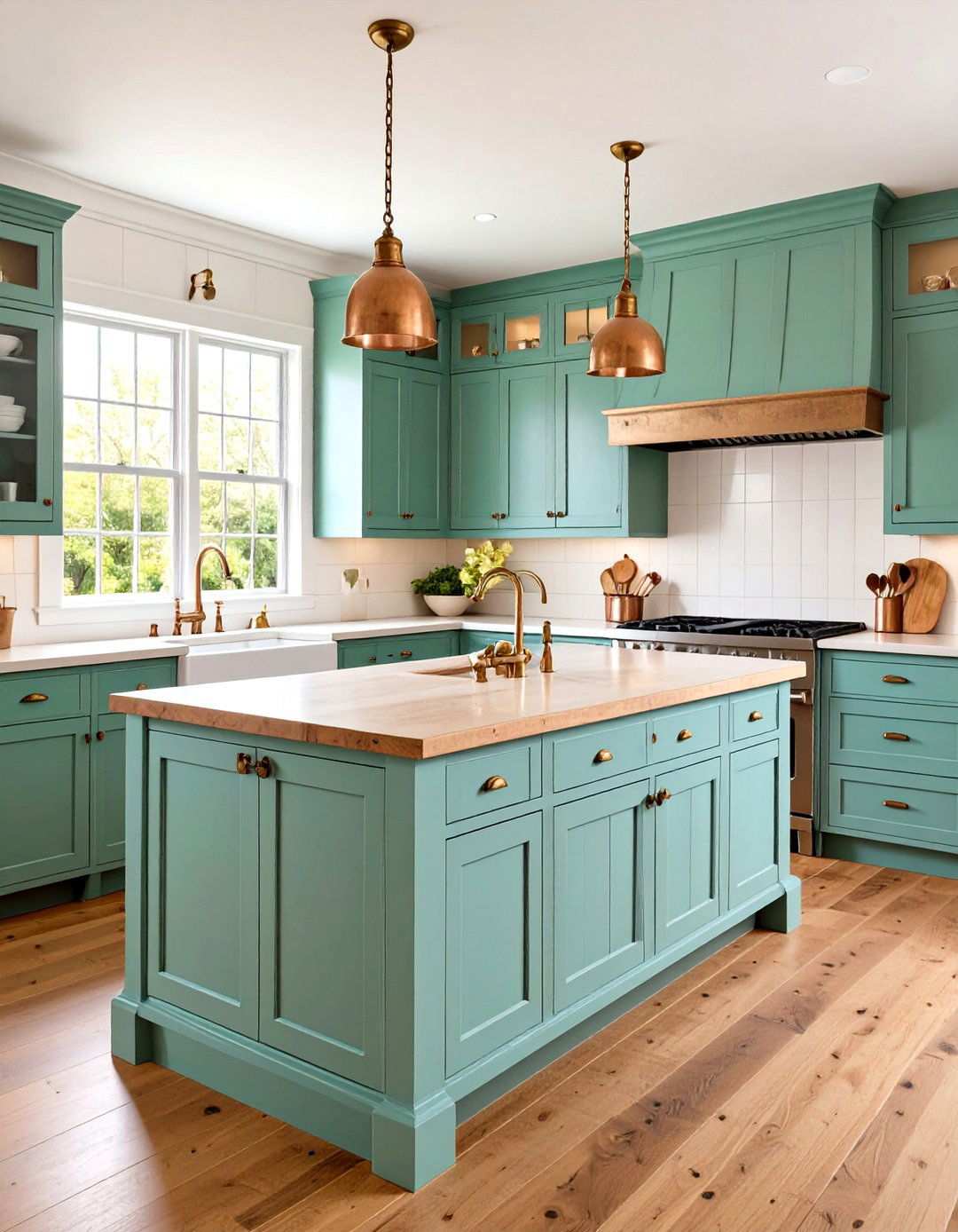 Vintage Inspired Sage Green Island with Copper Farmhouse Sink - 24 Sage Green Kitchen Island Ideas