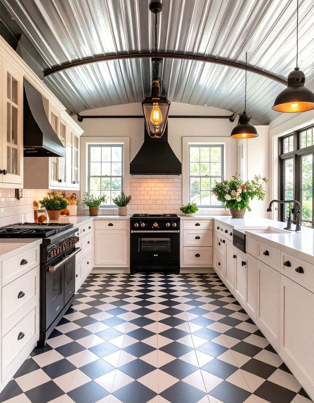 Vintage Inspired Tin Ceiling - 24 White Kitchen with Black Appliances Ideas