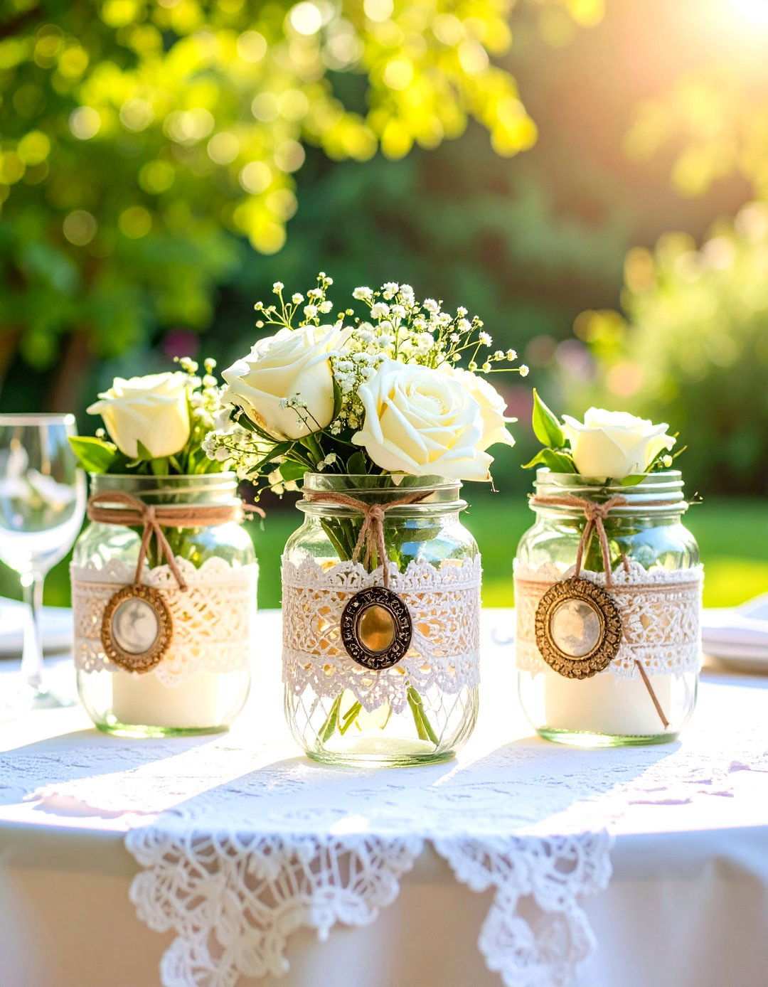 Vintage Lace Wrapped Mason Jar Centerpieces - 24 Mason Jar Wedding Centerpieces