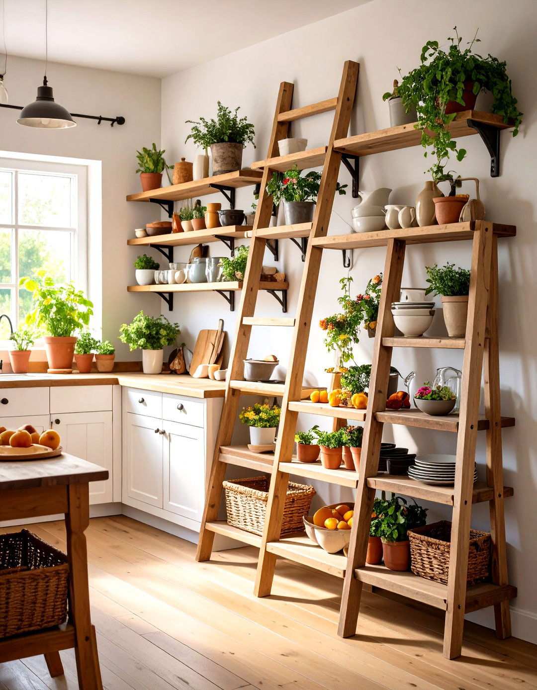 Vintage Ladder Repurposed Shelving - 24 Open Shelving Kitchen Ideas