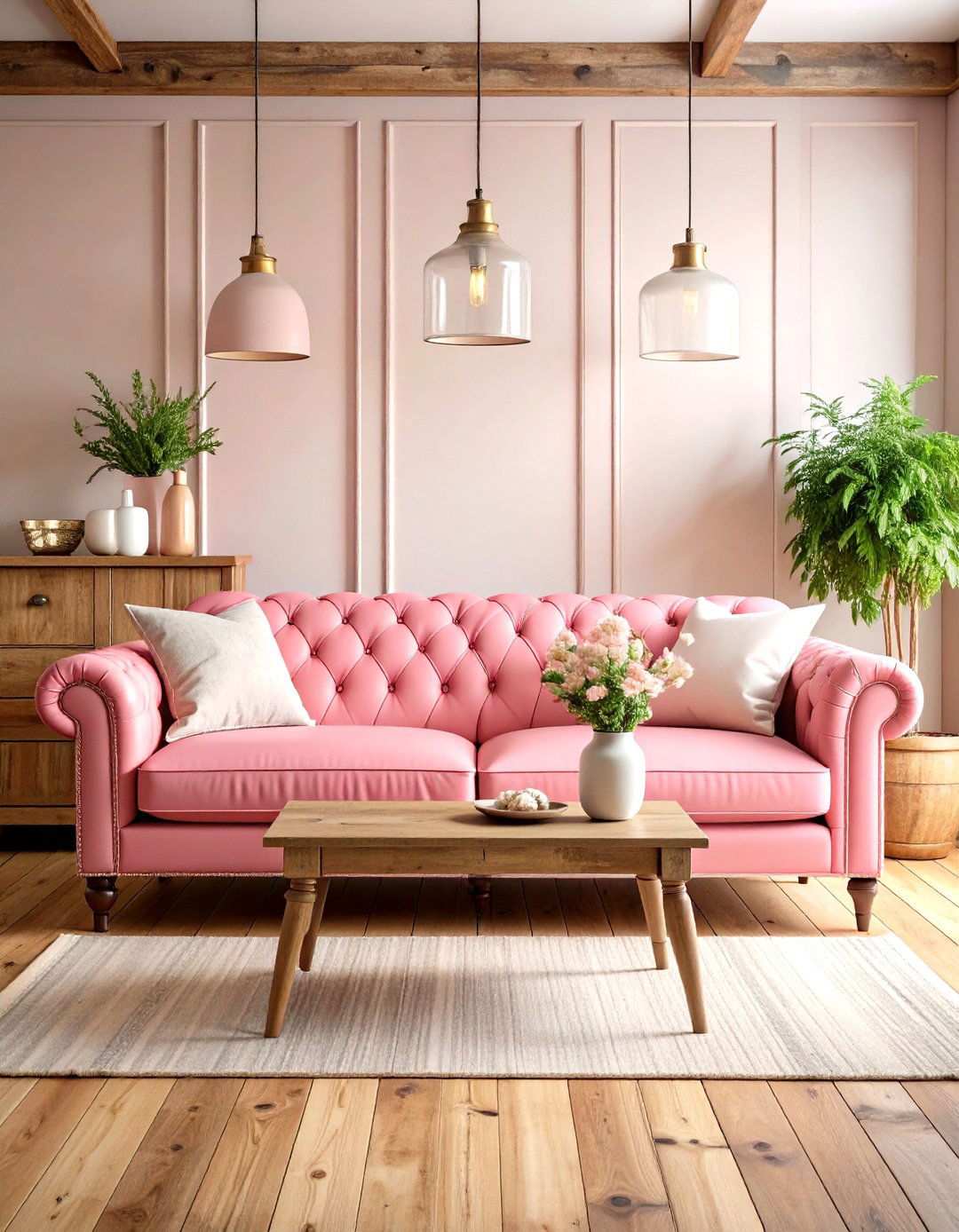 Vintage Pink Leather Sofa in Rustic Farmhouse - 24 Pink Couch Living Room Ideas
