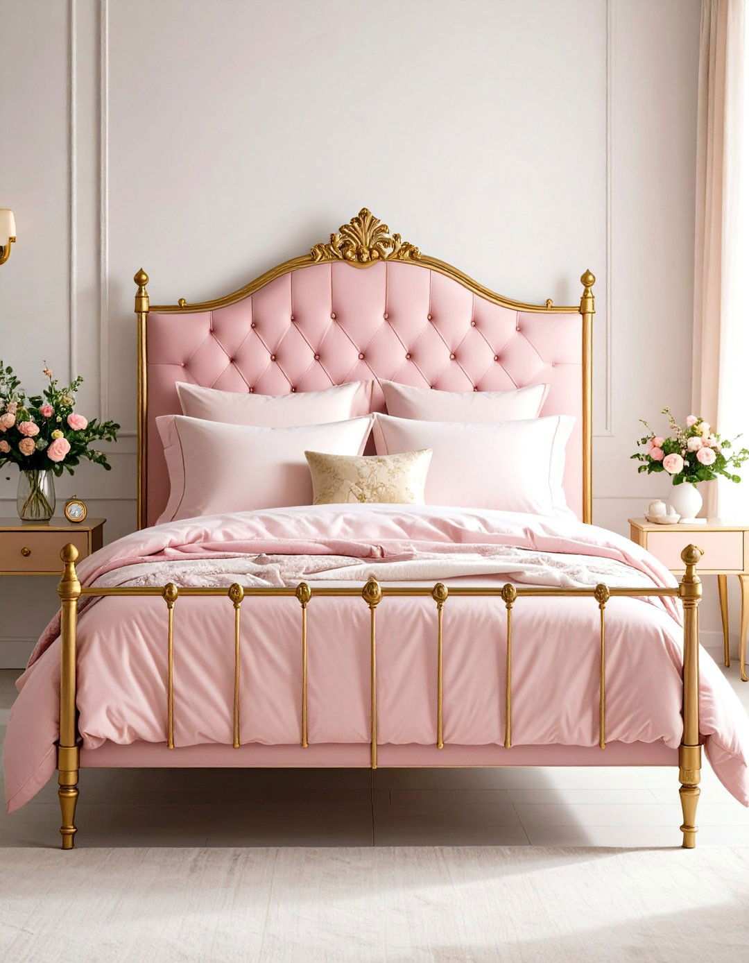 Vintage Pink Metal Bed Frame with Gold Accents - 24 Pink and Gold Bedroom Ideas
