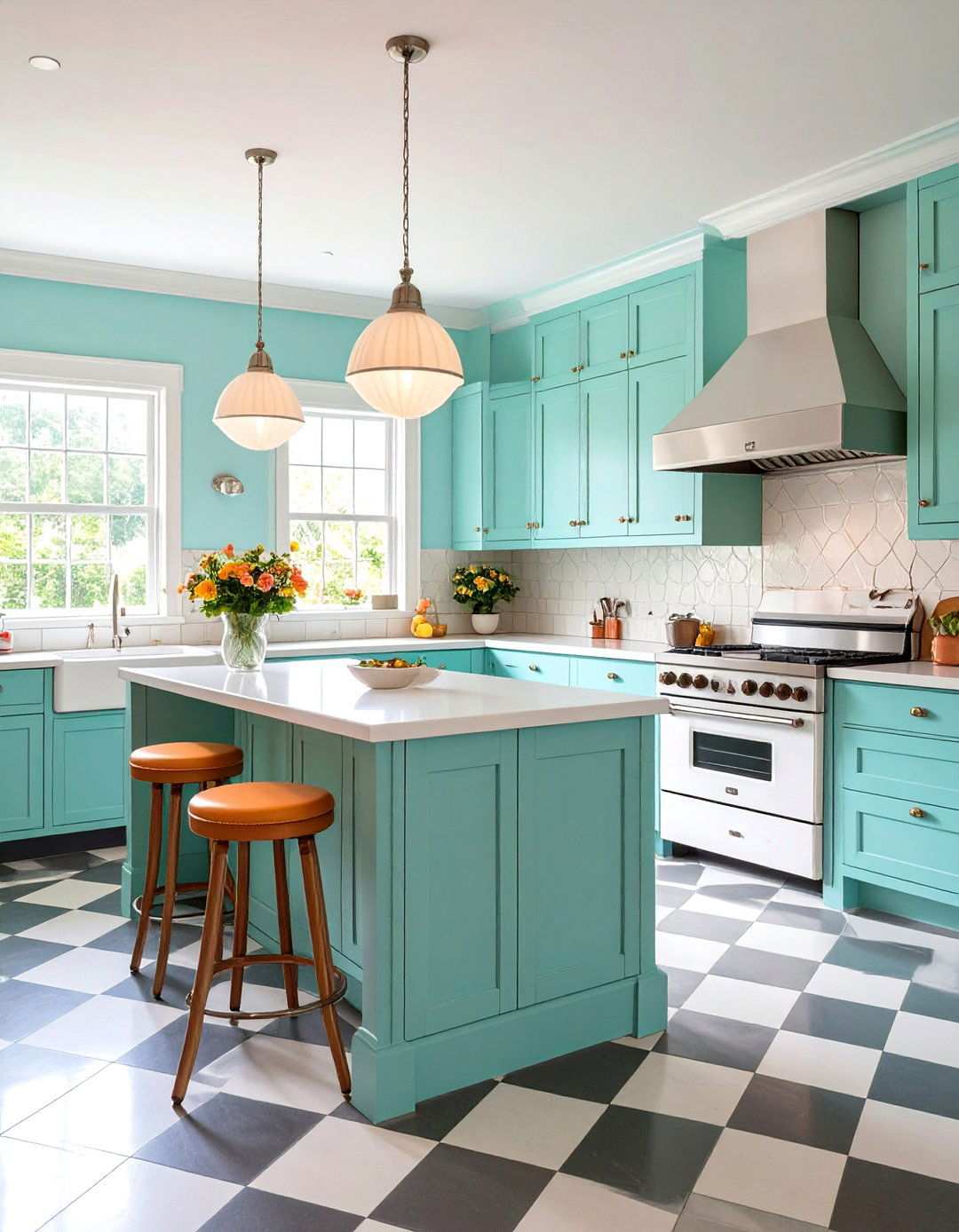 Vintage Retro White Kitchen With Mint Grey Island - 24 White Kitchen Cabinets With Grey Island Ideas