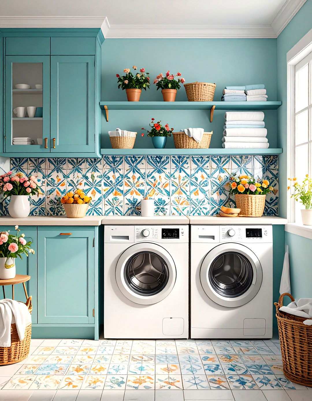 Vintage Style Encaustic Tile Backsplash - 24 Laundry Room Backsplash Ideas