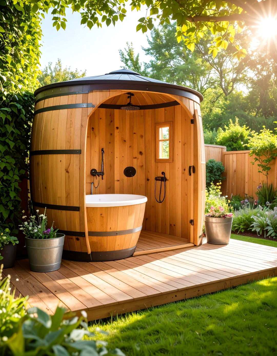 Vintage Wooden Barrel Shower - 24 Rustic Outdoor Bathroom Ideas