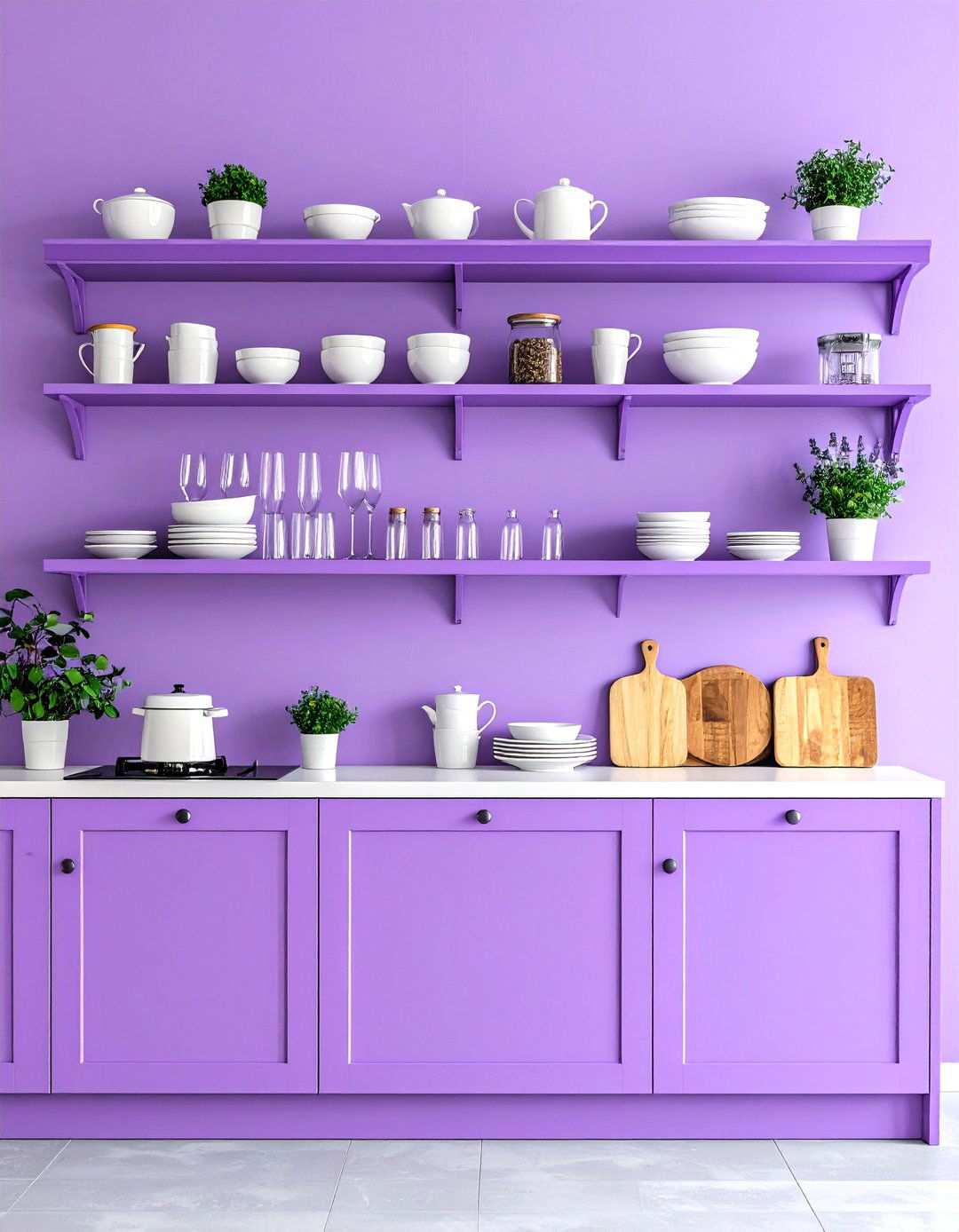 Violet Open Shelving Kitchen Display - 24 Purple Kitchen Ideas