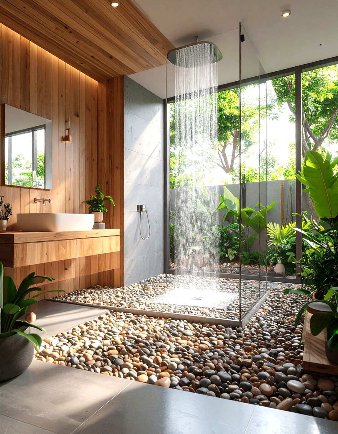 Walk in Shower Bathroom with Pebble Flooring - 24 Japandi Bathroom Ideas