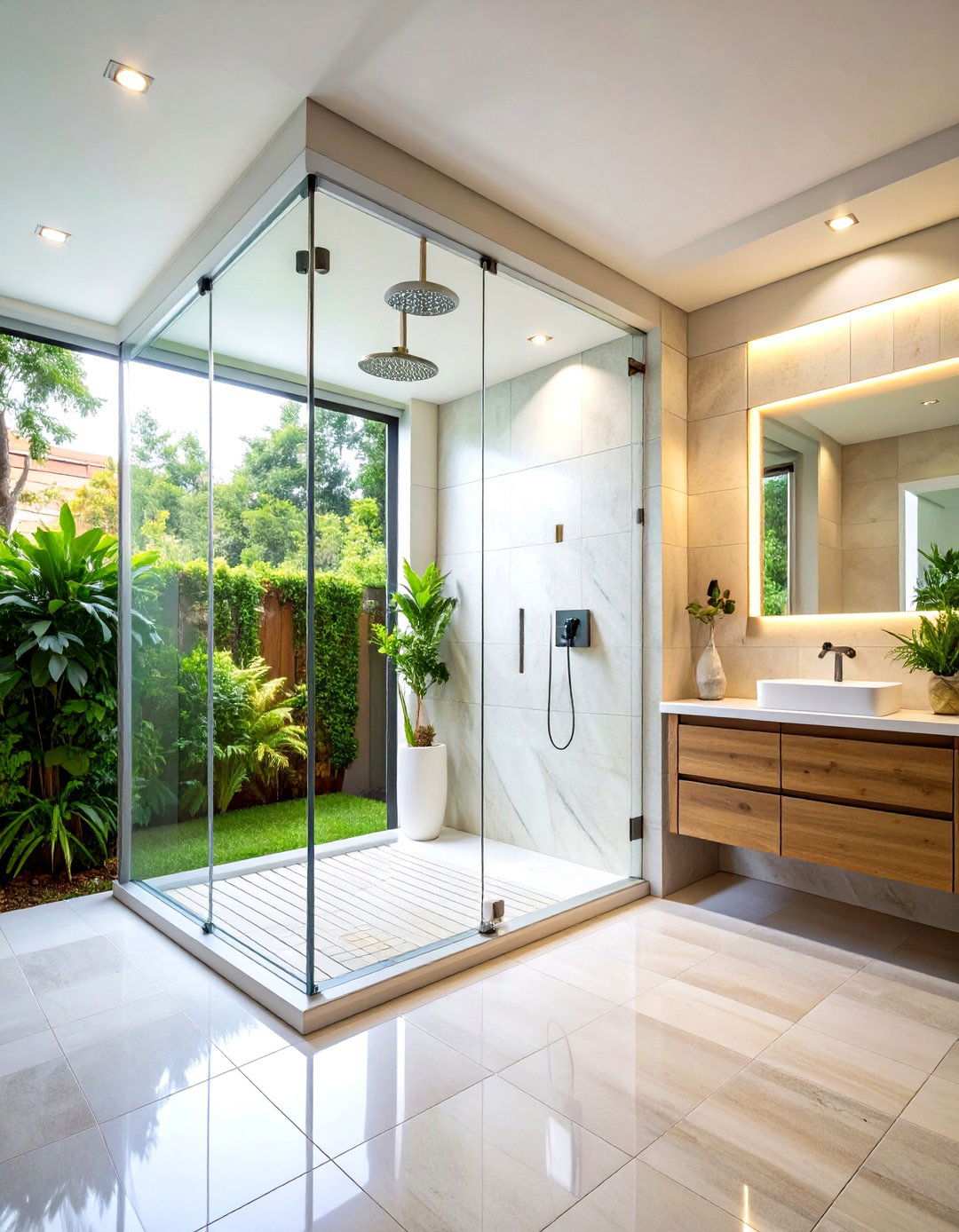 Walk In Shower with Glass Partition - 24 Small White Bathroom Ideas