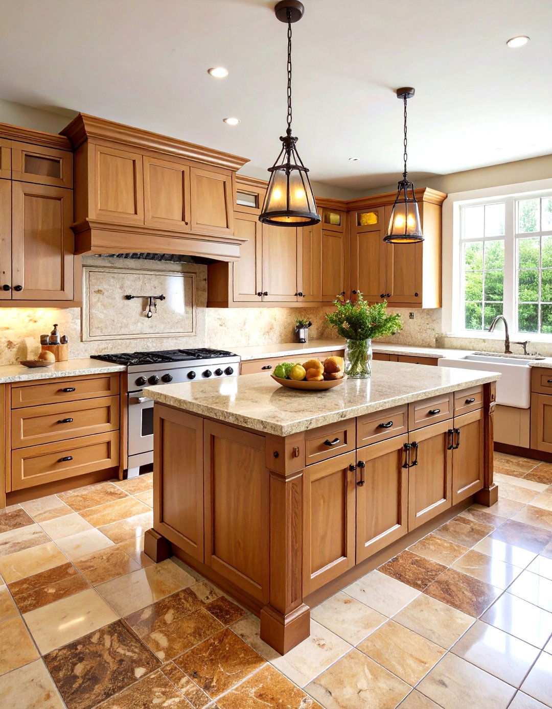 Walnut Travertine with Cream Cabinets - 24 Travertine Floor Kitchen Ideas