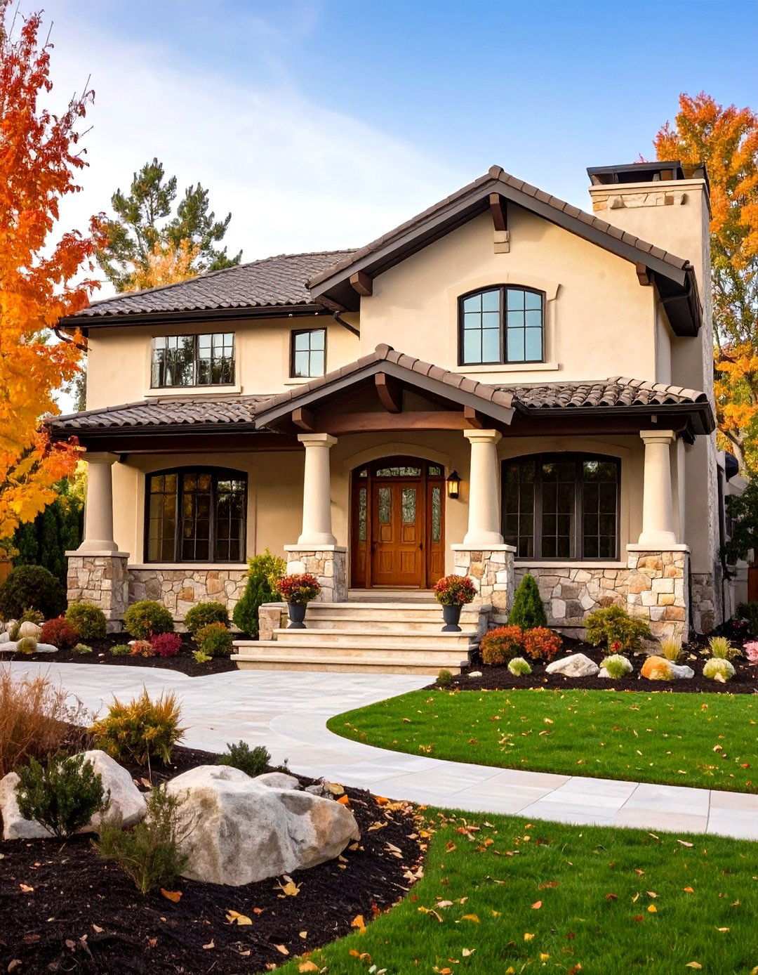Warm Beige Stucco with Stone Accent Features - 24 Mediterranean House Exterior Ideas