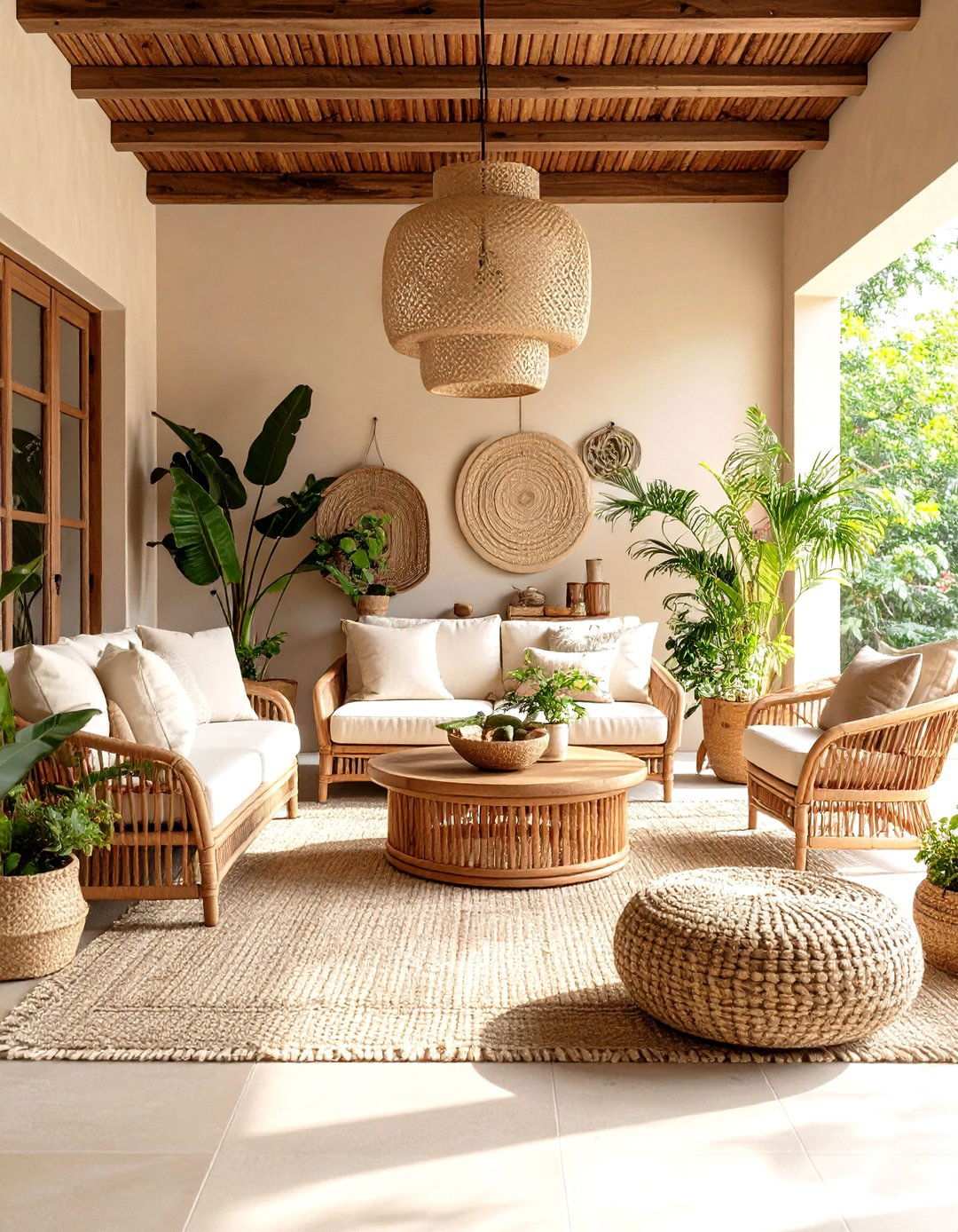 Warm Beige Sunroom with Natural Textures - 24 Sunroom Color Ideas