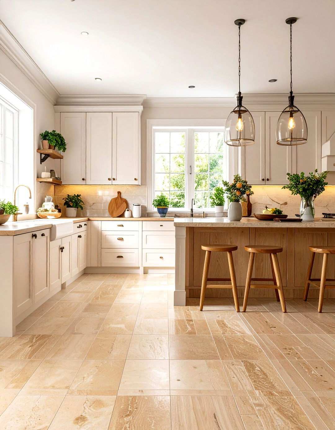Warm Beige Travertine Style Marble - 24 Marble Kitchen Floor Ideas