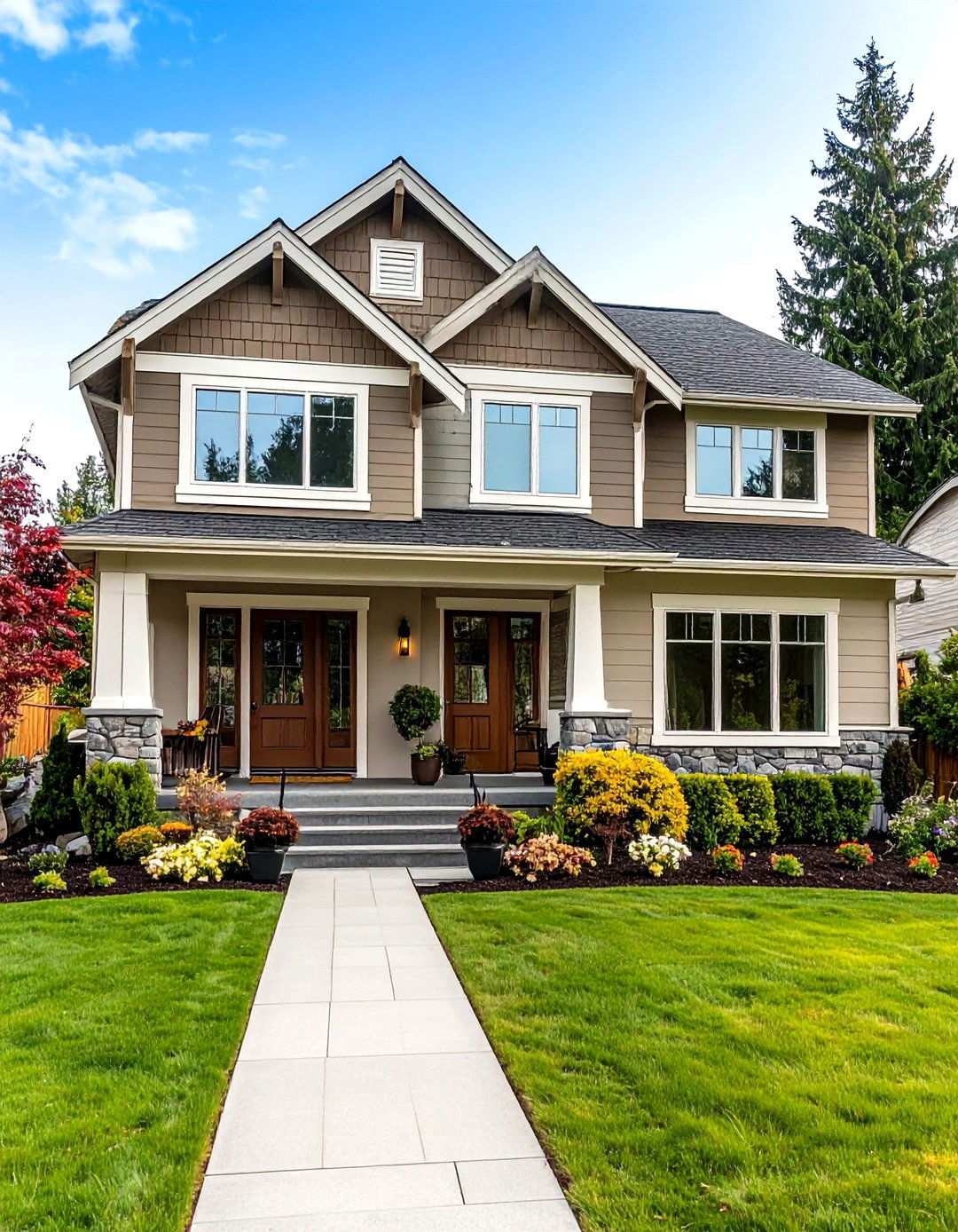Warm Taupe and White Trim Elegance - 24 Two-tone Siding Designs