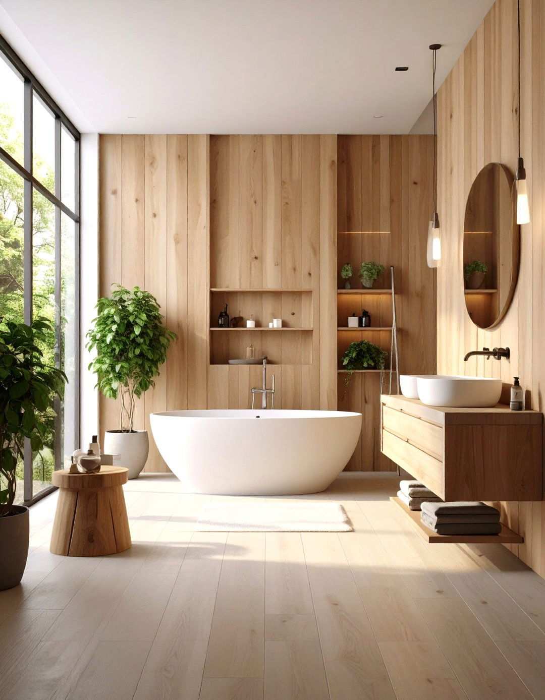 Warm Wood Accent Wall Retreat - 24 Zen Bathroom Ideas