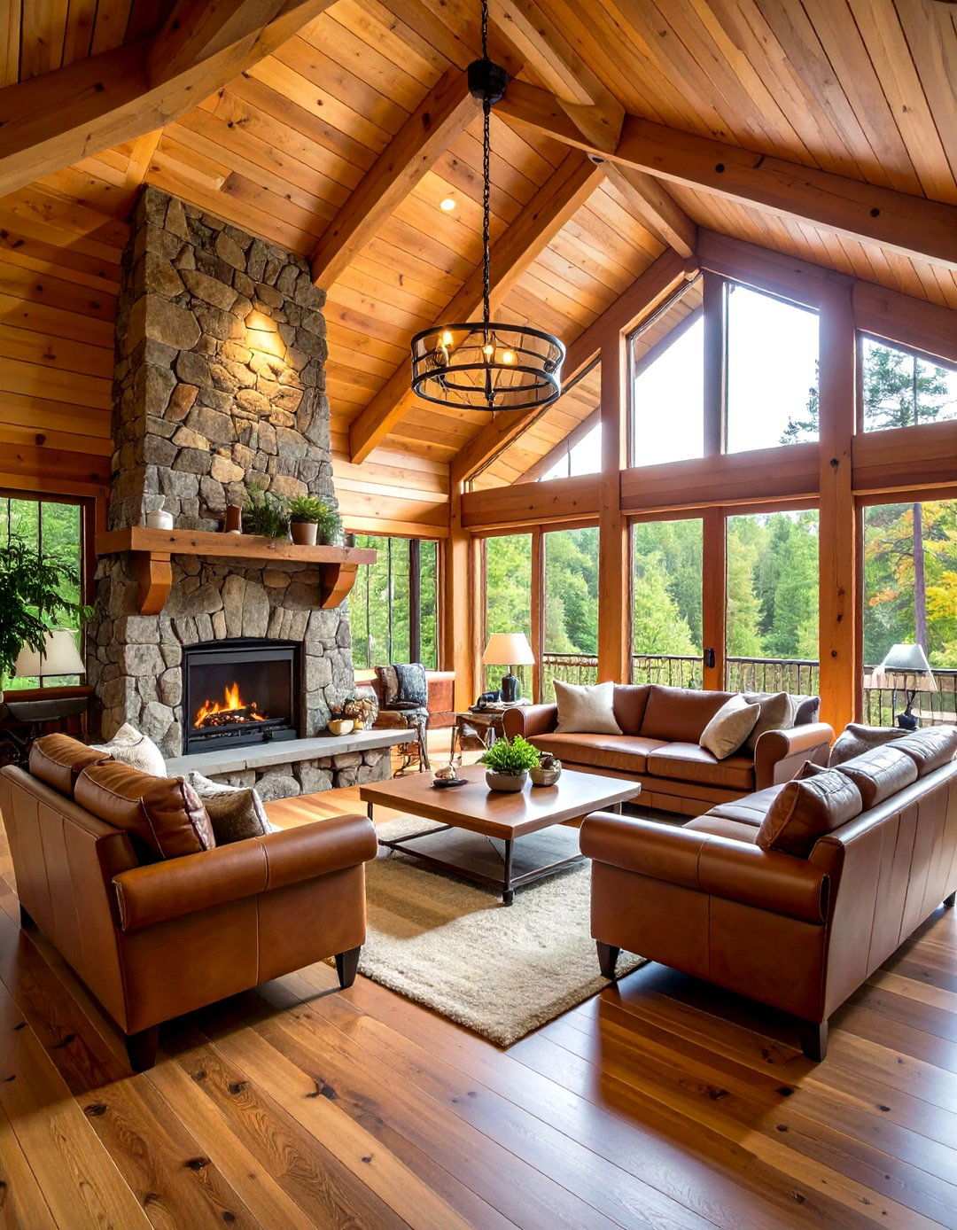 Warm Wood Plank Ceiling Treatment - 24 Open Concept Vaulted Ceiling Living Room Ideas
