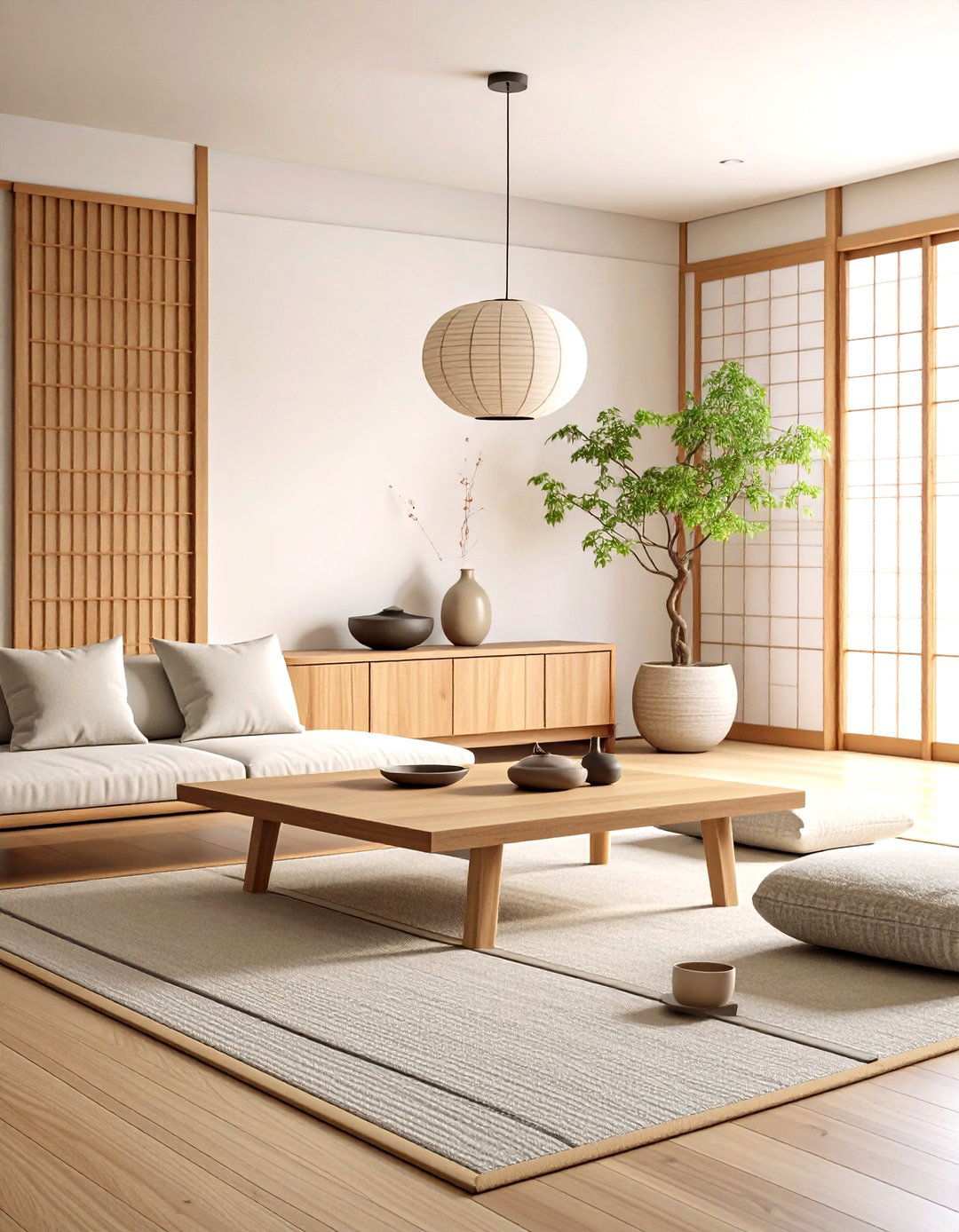 Warm Wood Tones with Japanese Inspired Minimalism - 24 Small Living Room Ideas With Tv and Dining Table