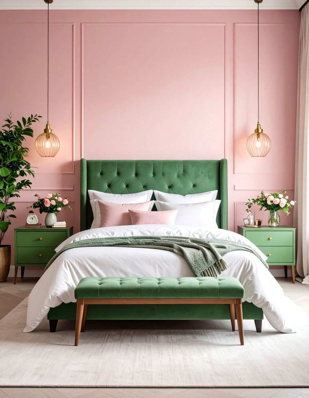 Watercolor Pink Walls with Green Vintage Furniture - 24 Pink and Green Bedroom Ideas