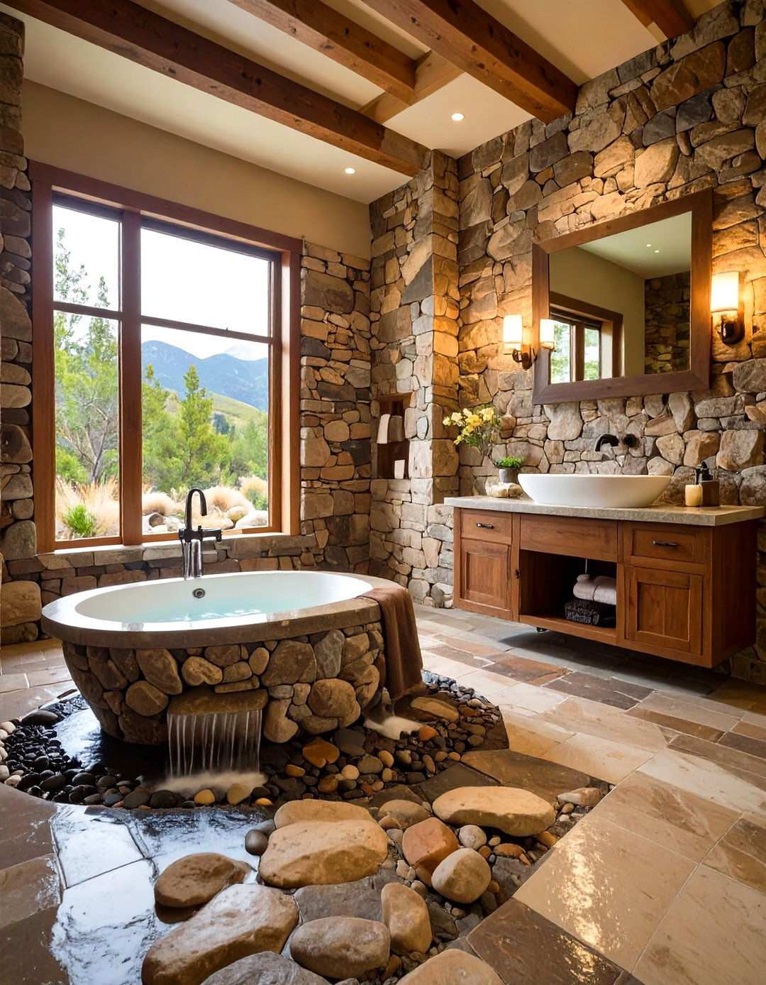 Western Bathroom with Natural Stone Waterfall Features - 24 Western Bathroom Ideas
