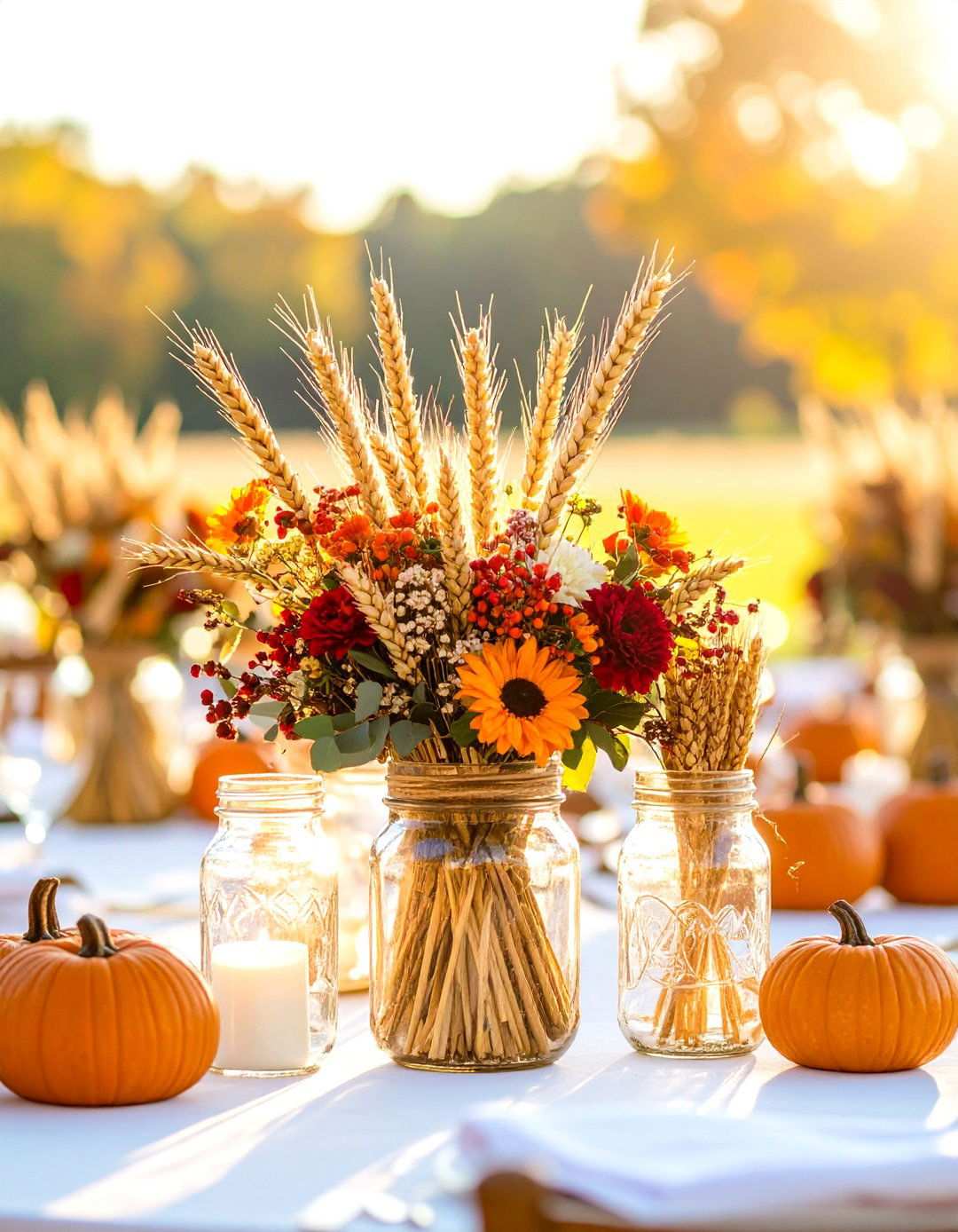 Wheat and Grain Mason Jar Centerpieces - 24 Mason Jar Wedding Centerpieces