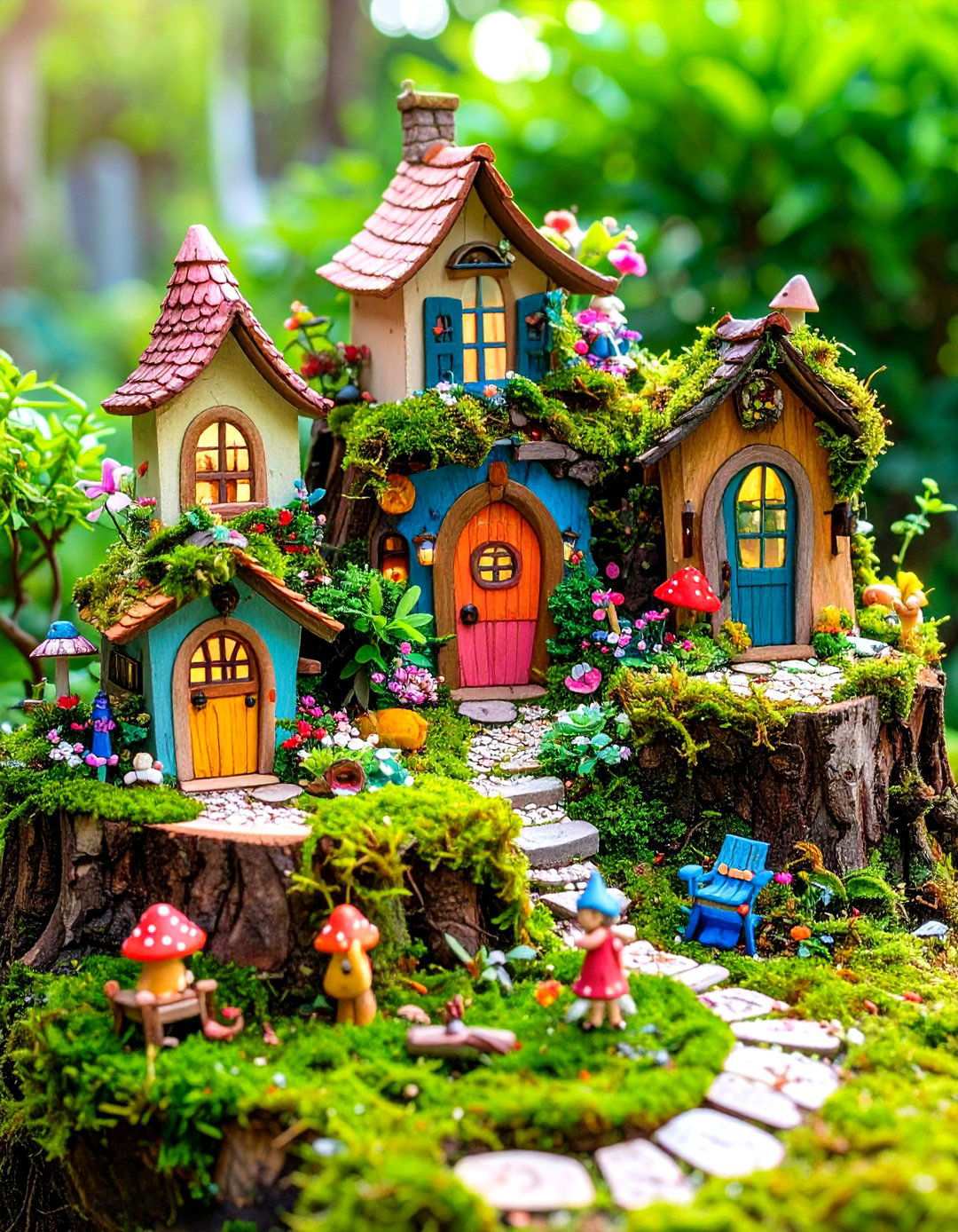 Whimsical Tree Stump Fairy Garden Village - 24 Tree Stump Decorating Ideas