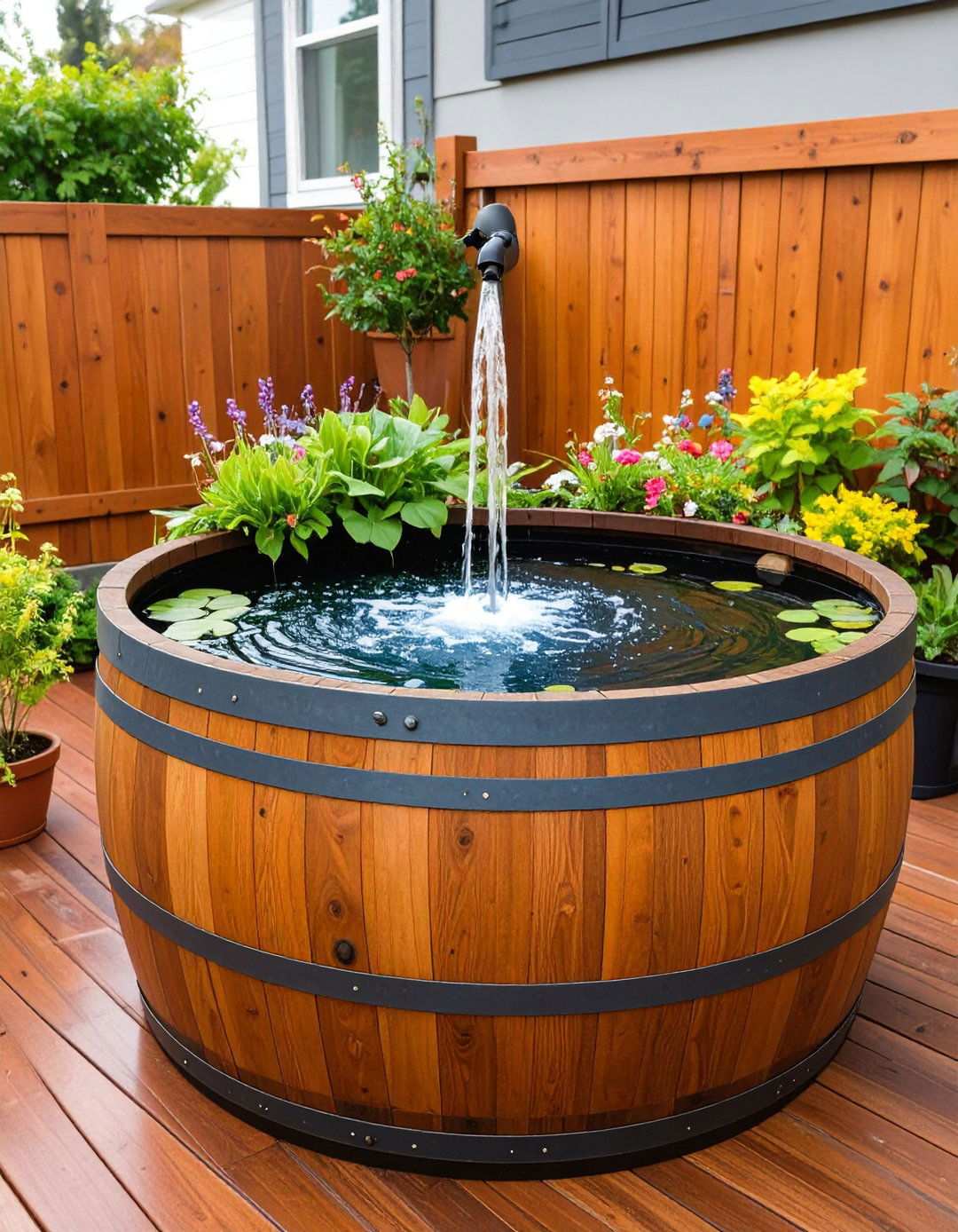 Whiskey Barrel Container Pond with Fountain Feature - 24 Raised Garden Pond Ideas