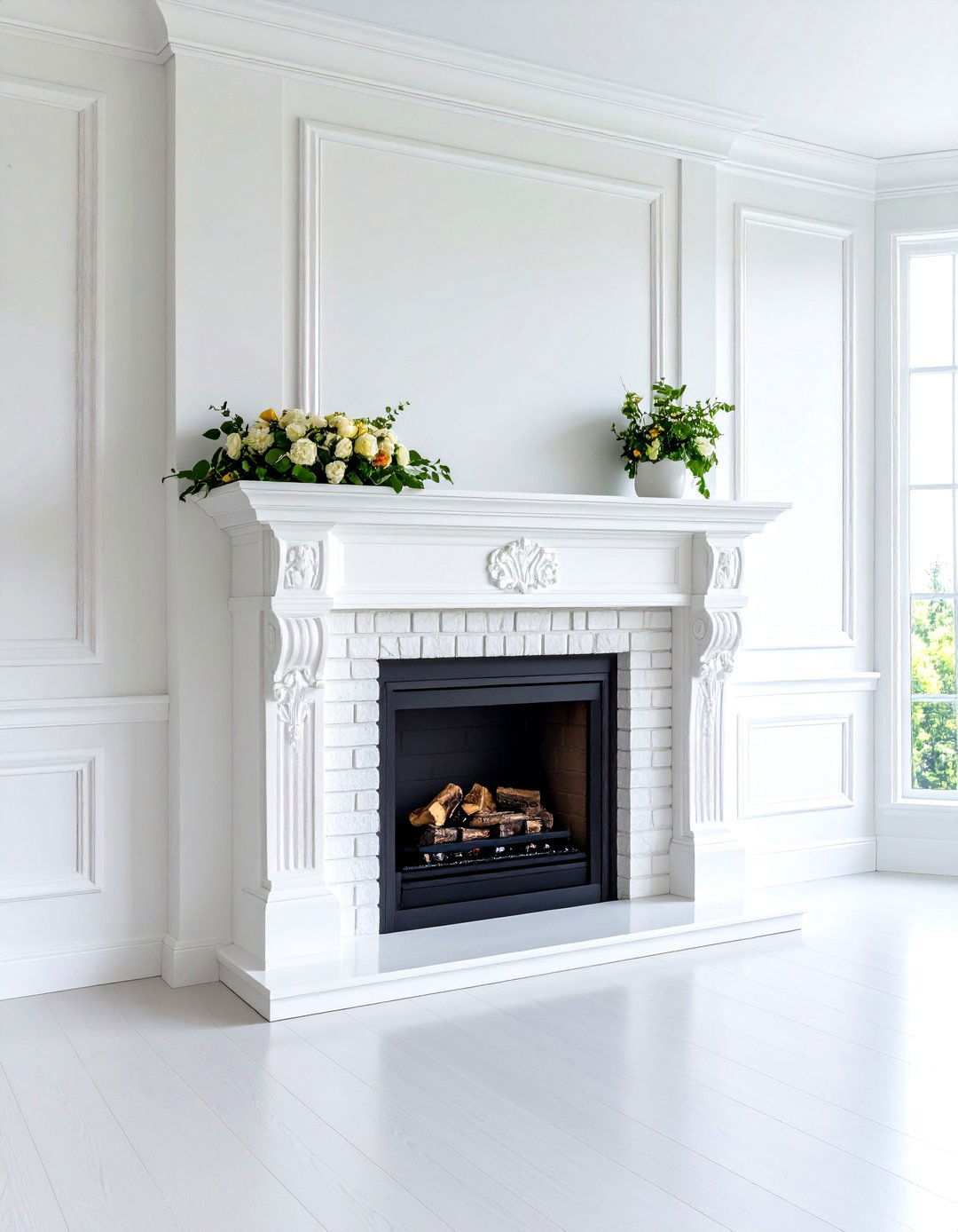 White Brick Fireplace with Corbel Details - 24 White Brick Fireplace Ideas