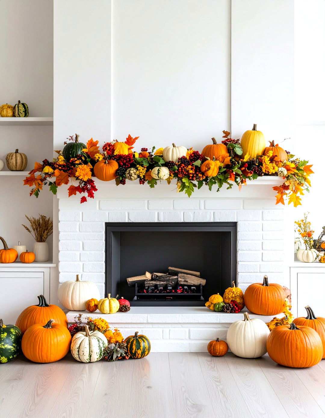 White Brick Fireplace with Seasonal Mantel Styling - 24 White Brick Fireplace Ideas