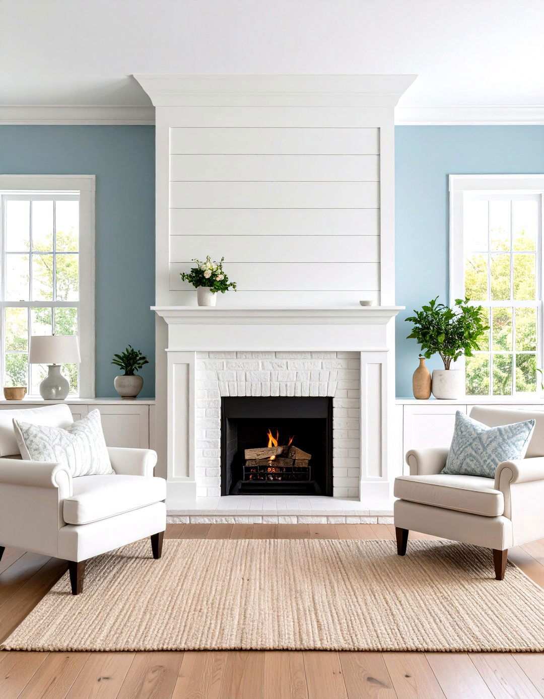 White Brick Fireplace with Shiplap Accents - 24 White Brick Fireplace Ideas