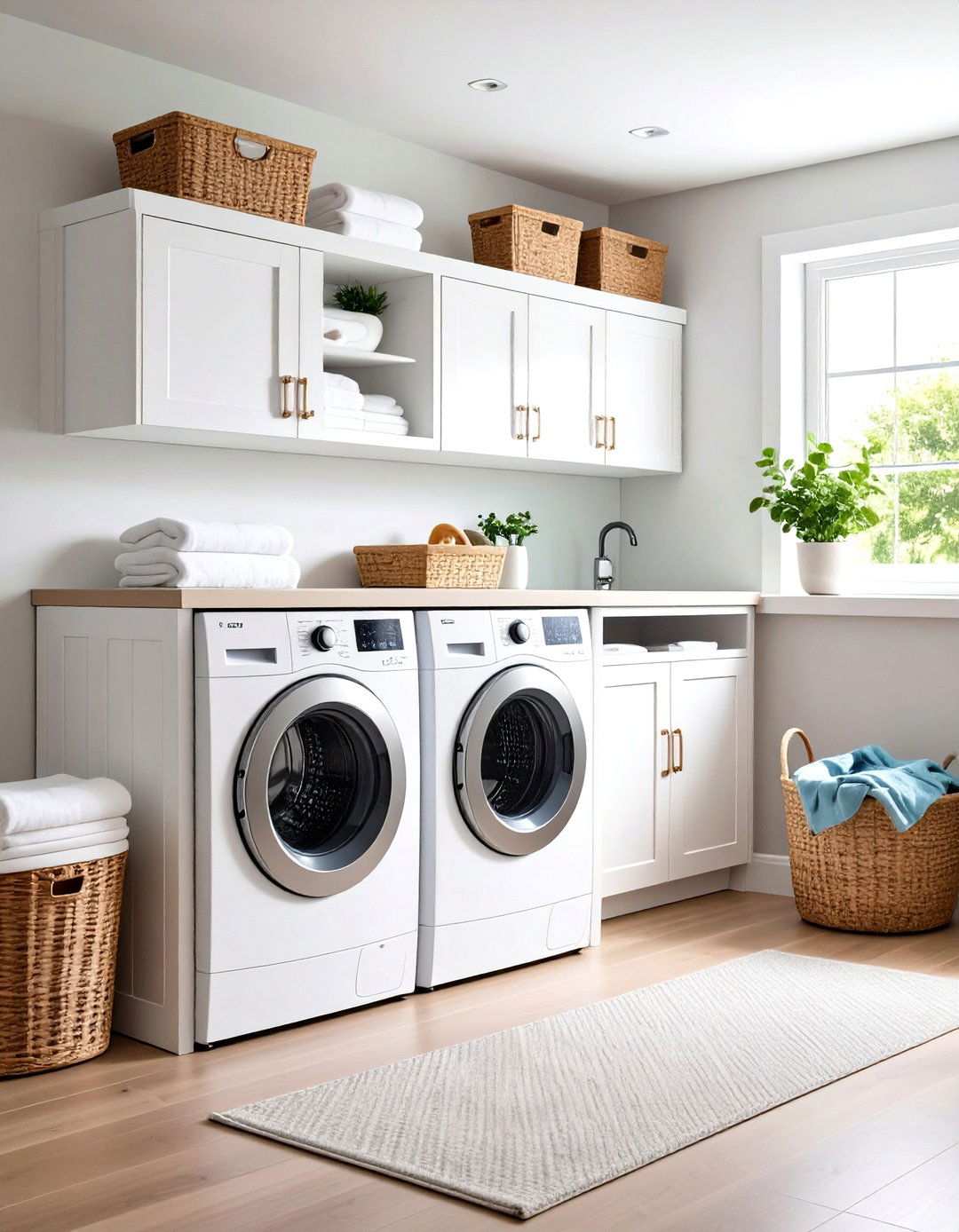 White Built In Hamper System - 24 White Laundry Room Ideas