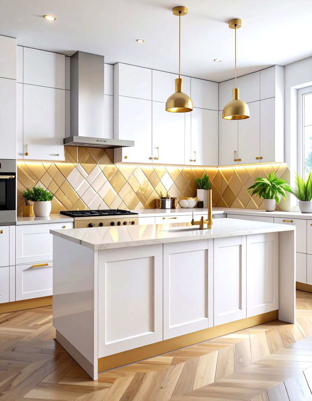 White Ceramic Tiles with Gold Geometric Inlay Patterns - 24 White and Gold Kitchen Backsplash Ideas